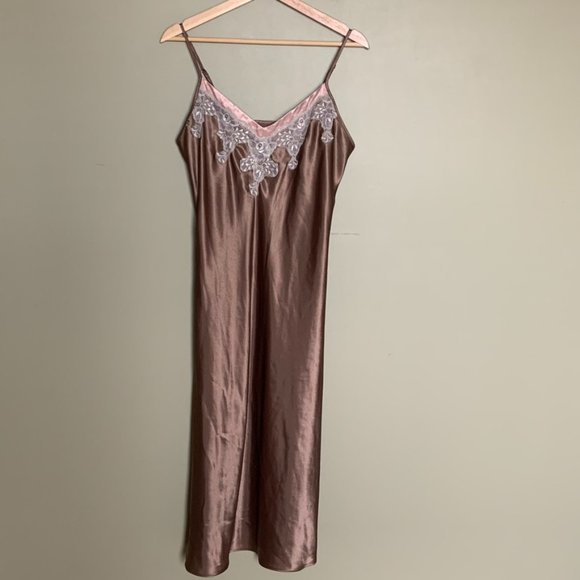 Vintage Dresses & Skirts - Vintage brown and pink satin slip dress size M